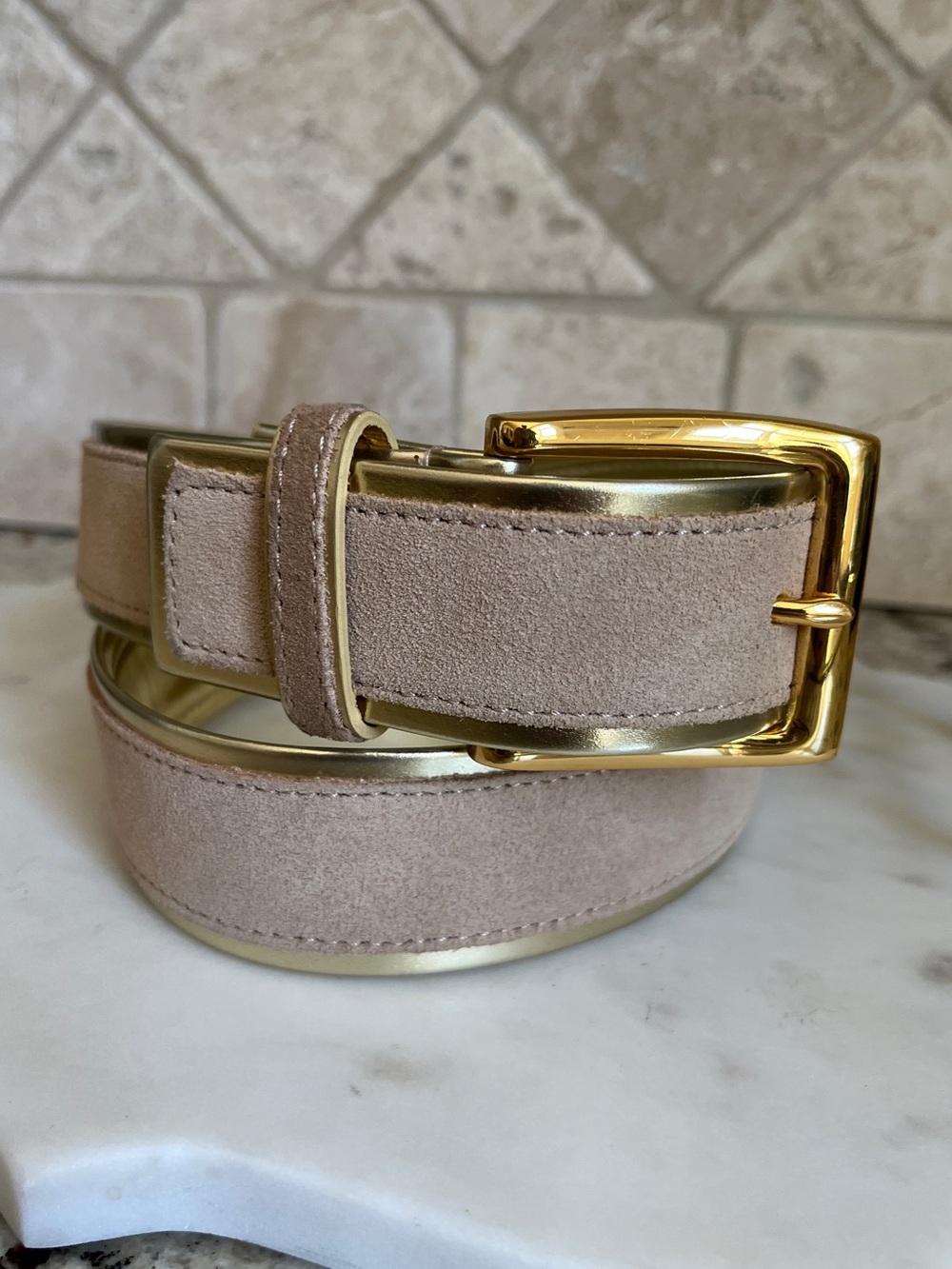 Beautiful Another Line Creamy Taupe Suede and Gold Leather Belt